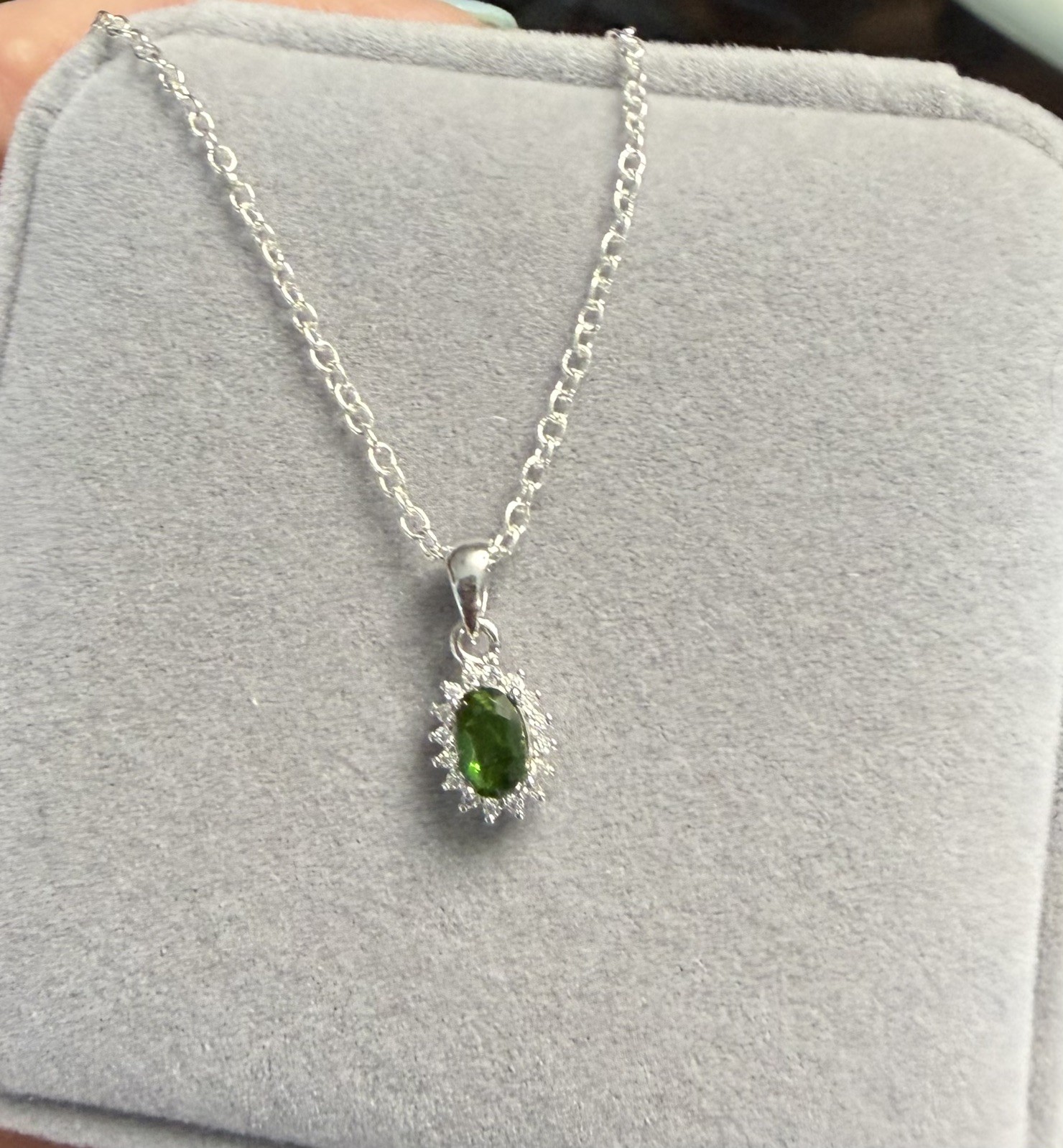 Stunning Natural Chrome Diopside w/Halo Pendant Necklace 925 Sterling Silver 18”