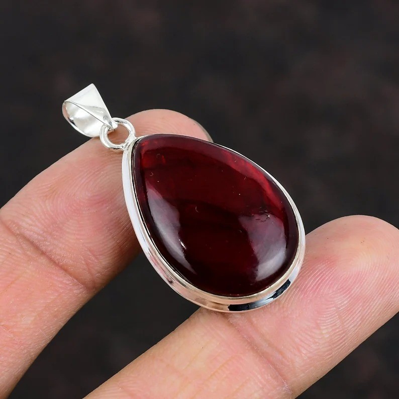 Natural Red Flash Labradorite Pendant Pear Gemstone 925 Sterling Silver Jewelry