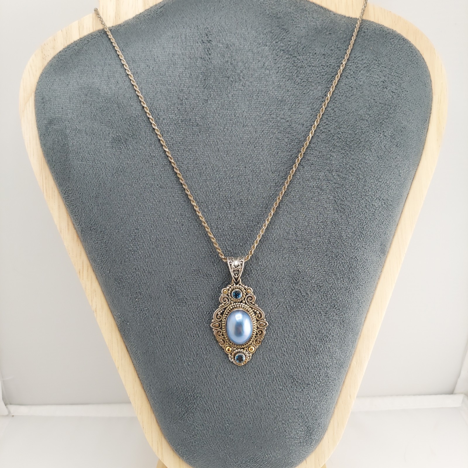 Vintage Balinese Sterling and 18k Pendant with London Blue Topaz and Blue Pearl