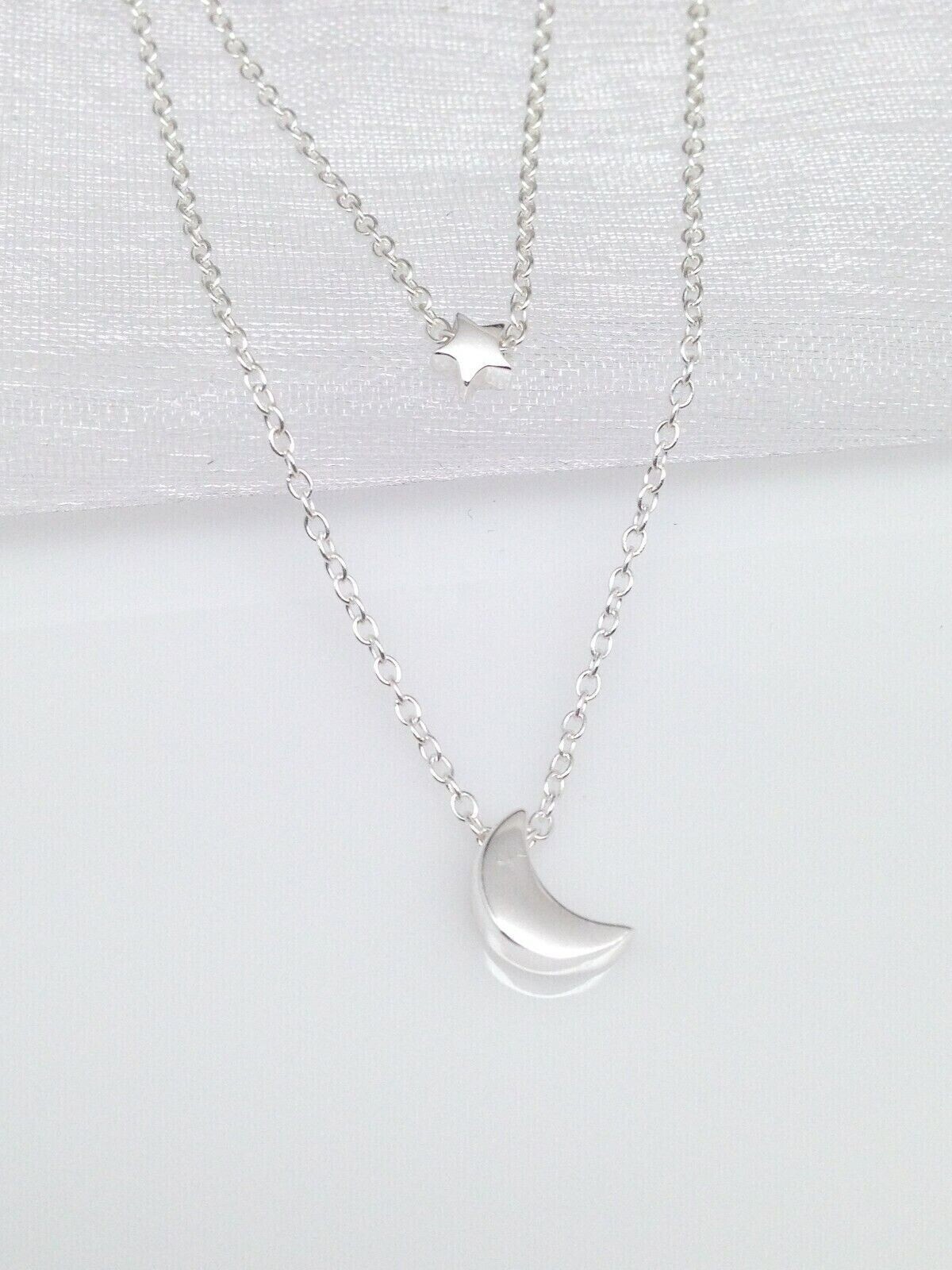 925 Sterling Silver Plain Star Crescent Moon Pendant Layered Necklace 2.8/7.8mm