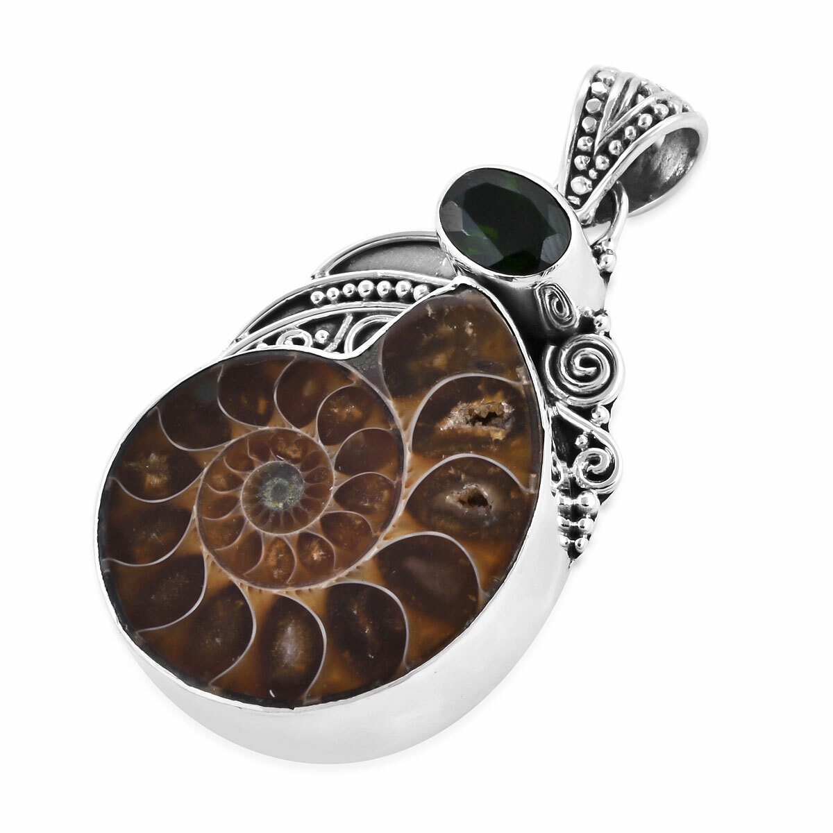 ARTISAN CRAFTED AMMONITE, RUSSIAN DIOPSIDE PENDANT IN STERLING SILVER 1.22 CTW