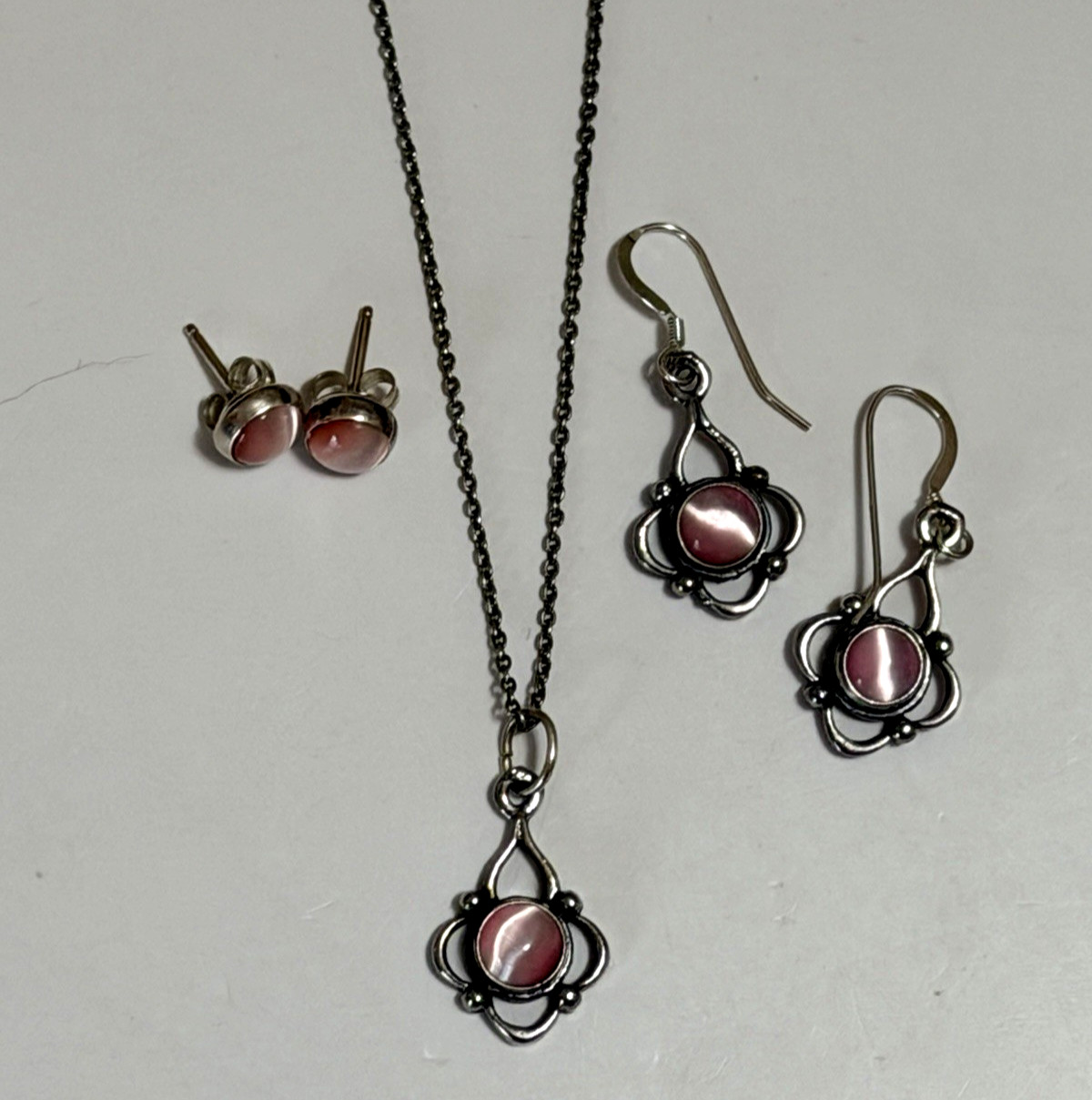3 Pc Set Pink Cat Eye Necklace + Dangle + Stud Earrings Set 925 Sterling Silver
