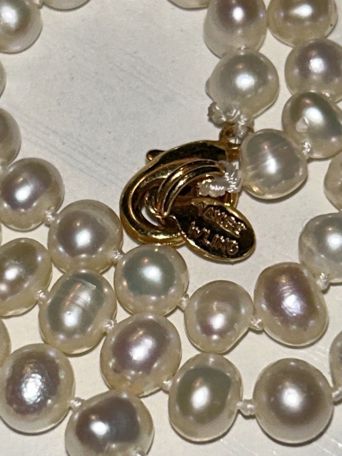 W Lind Cultured Pearl Necklace 19.5” Hand Knotted 7-8mm 14k GE 80s Vintage 19g