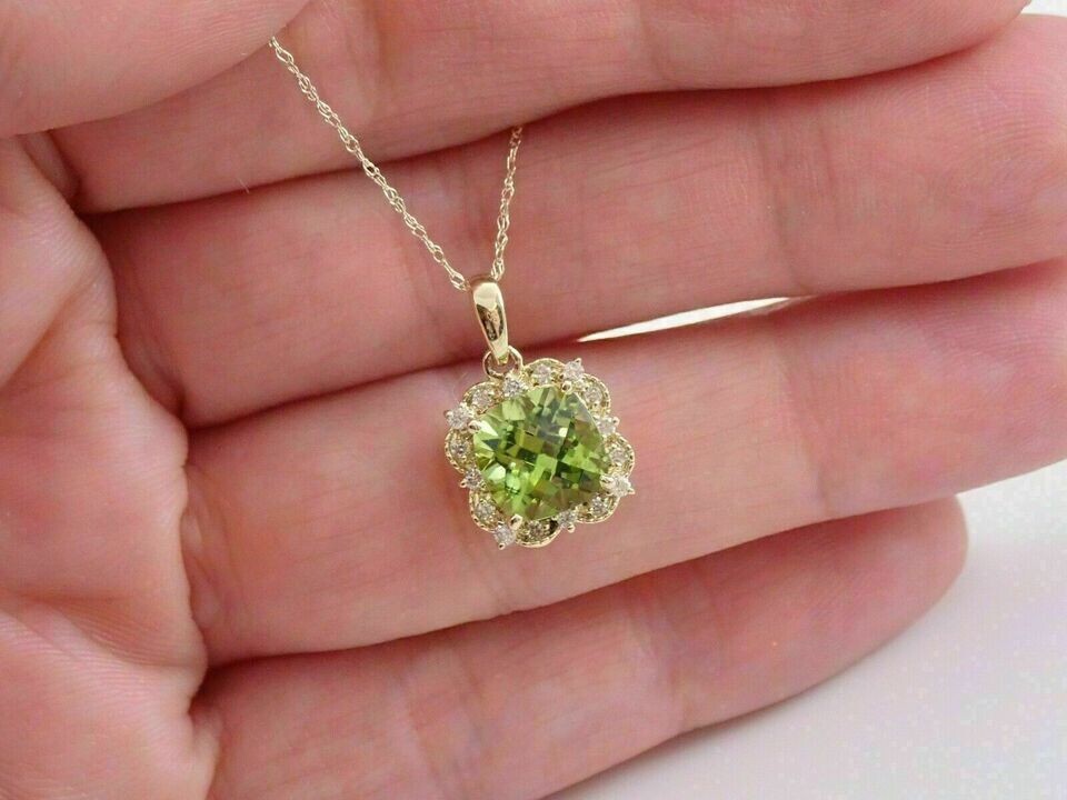 3Ct Cushion Cut Peridot Halo Beauty Pendant 14K Yellow Gold Finish