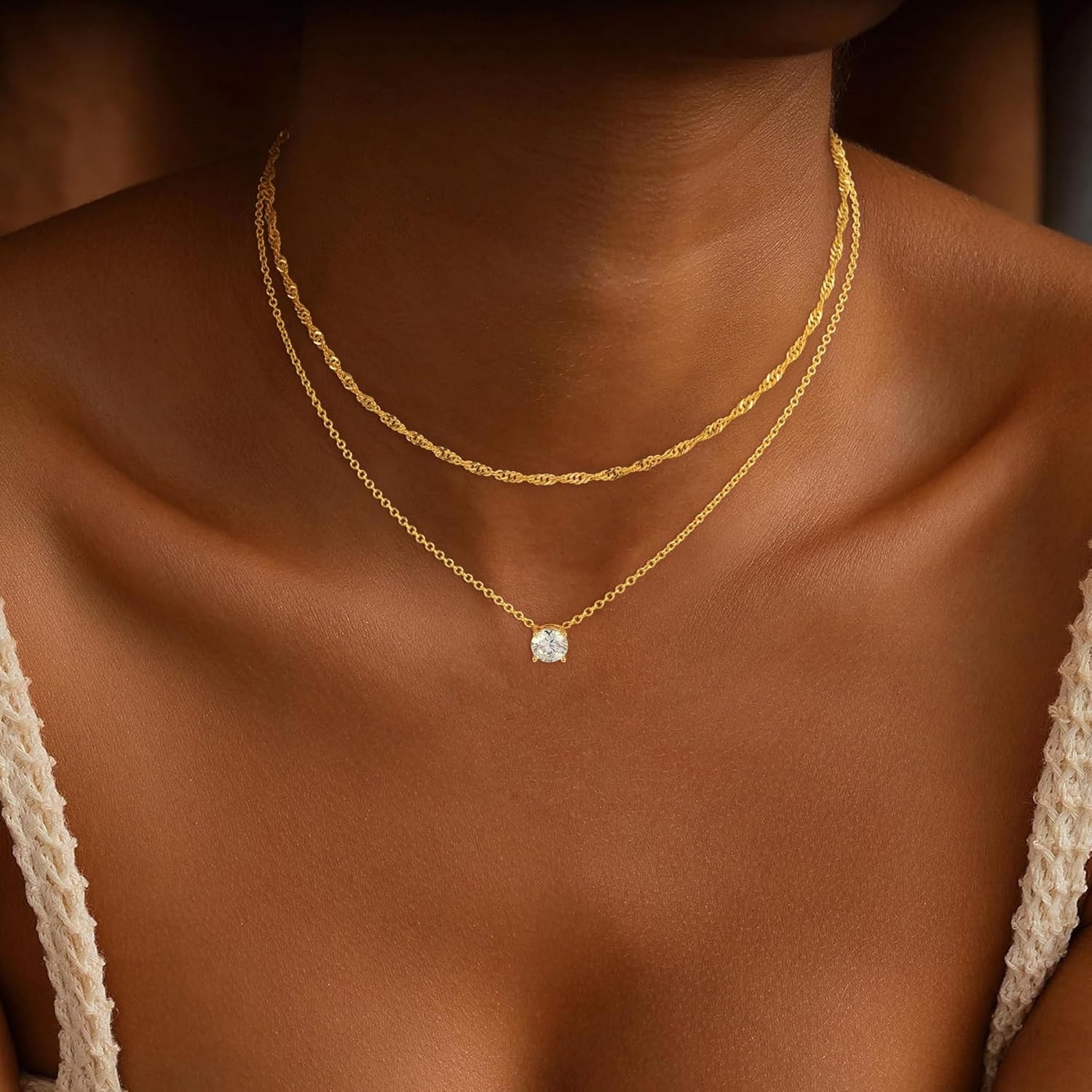 Dainty Gold Necklace for Women Non Tarnish Layered 14K Diamond Pendant Charm Gol