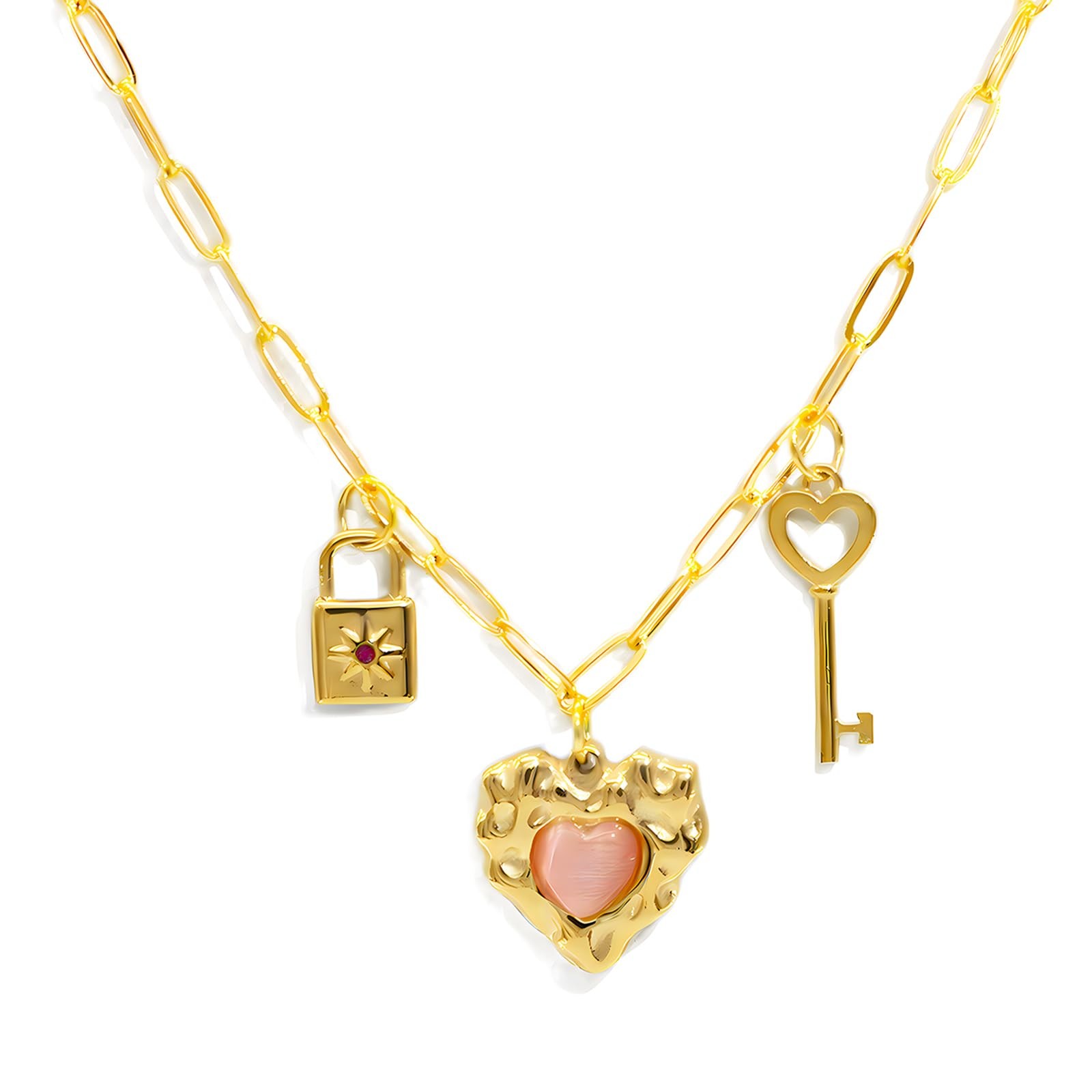 Multi Charm Necklace for Women Chunky Gold Plated Paperclip Chain Choker Ne – 07