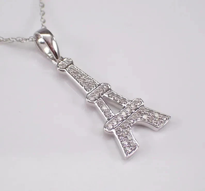 1.50Ct Round Real Moissanite Eiffel Tower Pendant 14K White Gold Plated Silver