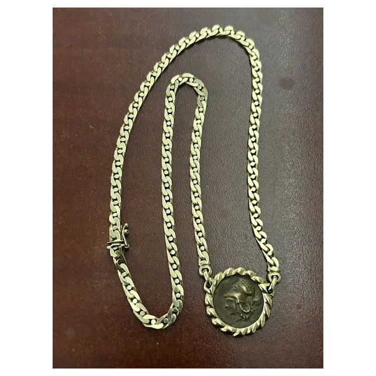 14K Yellow Gold Bronze Roman Soldier Coin Necklace
