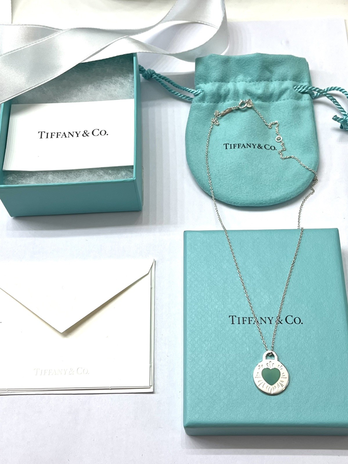 Tiffany & Co.RTT Blue Enamel Sunburst Heart Rd Adjustable 16-18”Pendant SS925