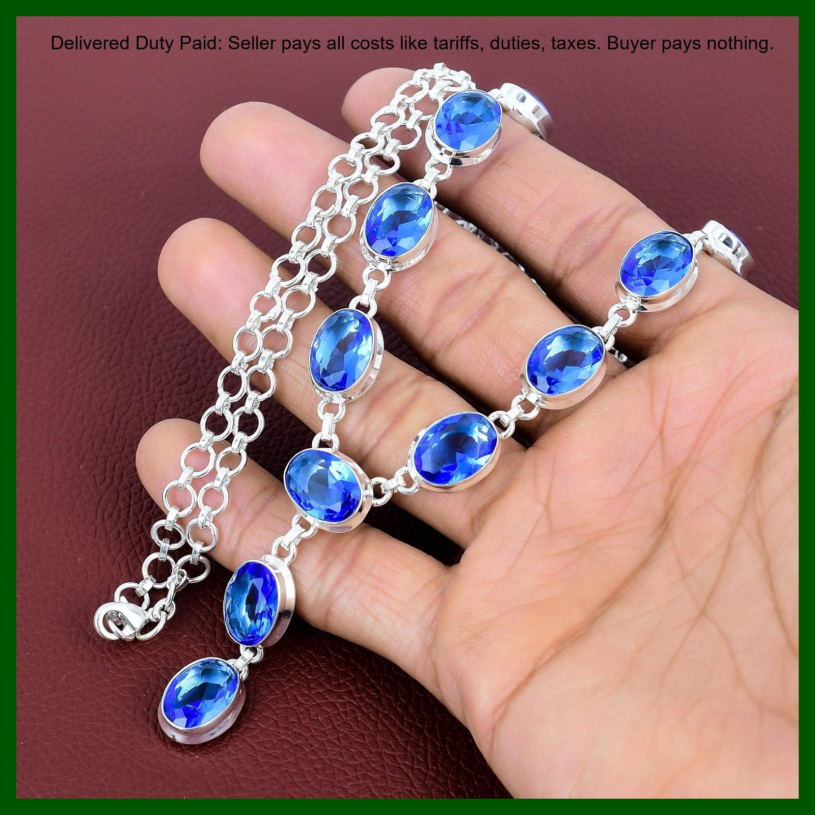 Oval Tanzanite Quartz Gemstone 925 Sterling Silver Boho Sister Chain Necklace
