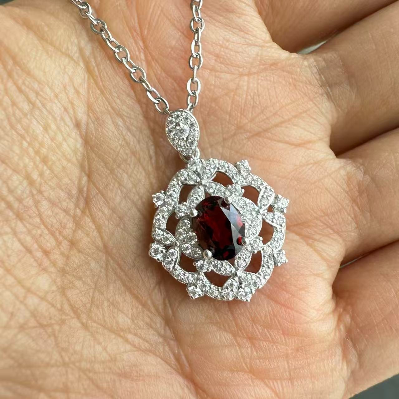925 Sterling Silver Necklace 7x5mm Natural Garnet Gemstone Zircon Handmade Gift