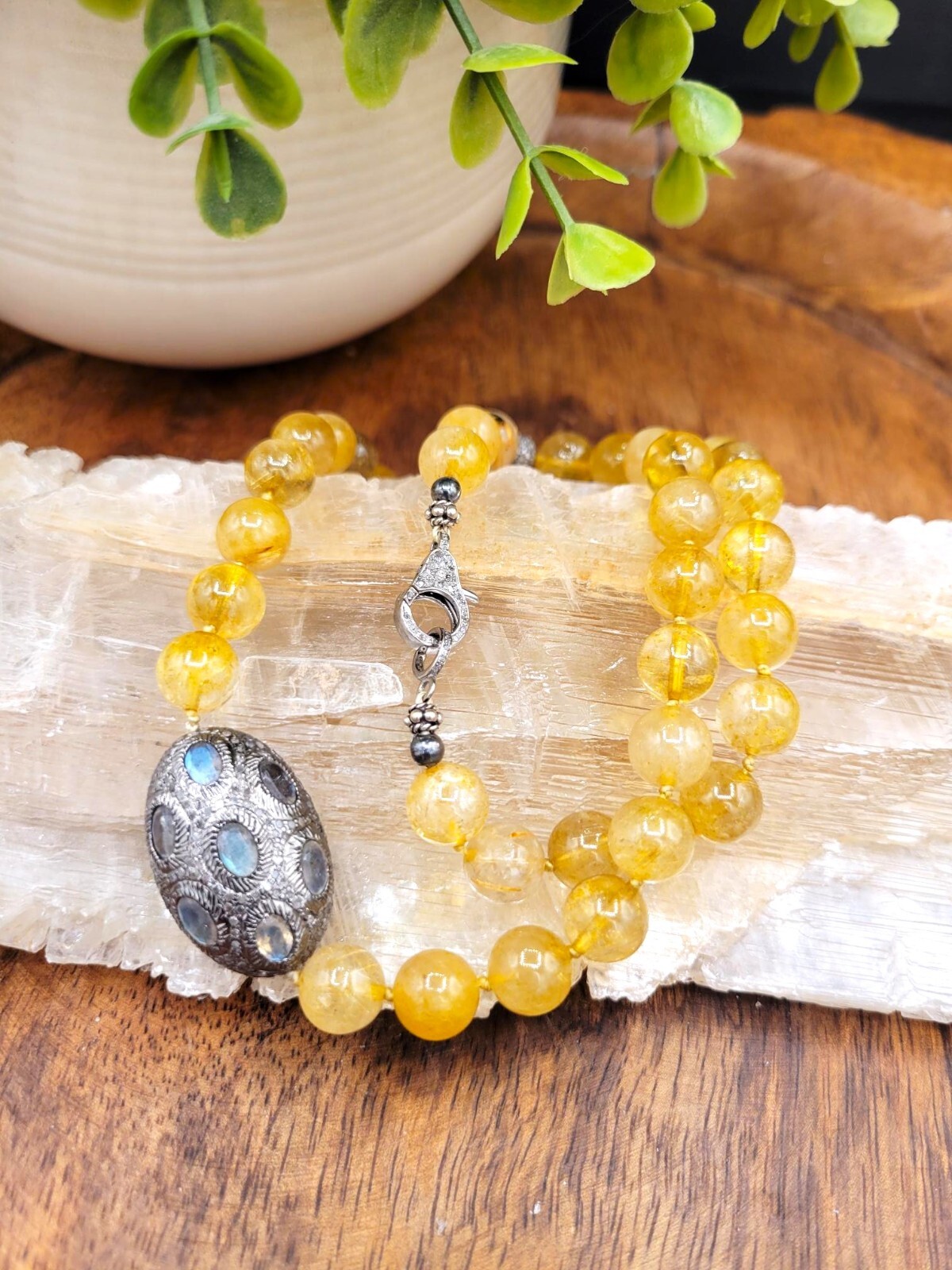 Citrine Beaded Necklace with Labradorite Pave Diamond Accent Bead