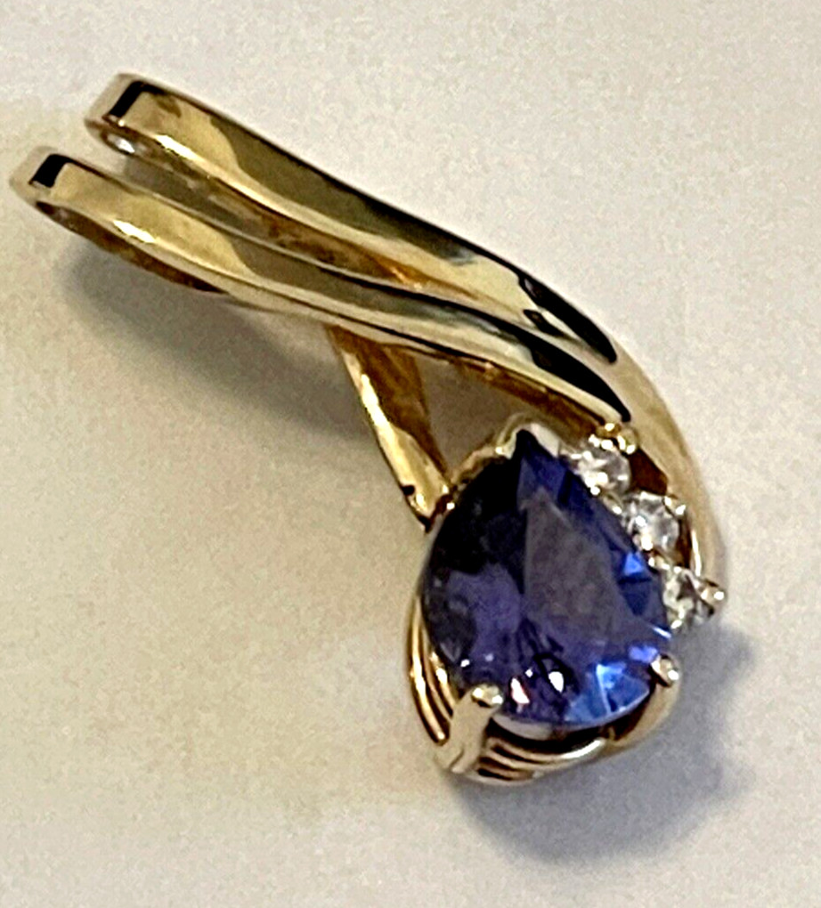 Tanzanite / Diamond Pendant 14K Yellow Gold Pear / Teardrop Gem Quality AAA NWT