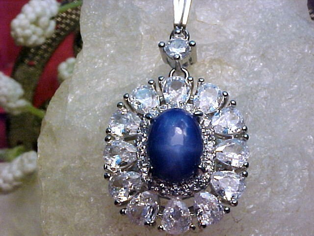 Genuine Blue Star Sapphire Pendant 8x6mm & White Topaz 925 SS White Gold Finish