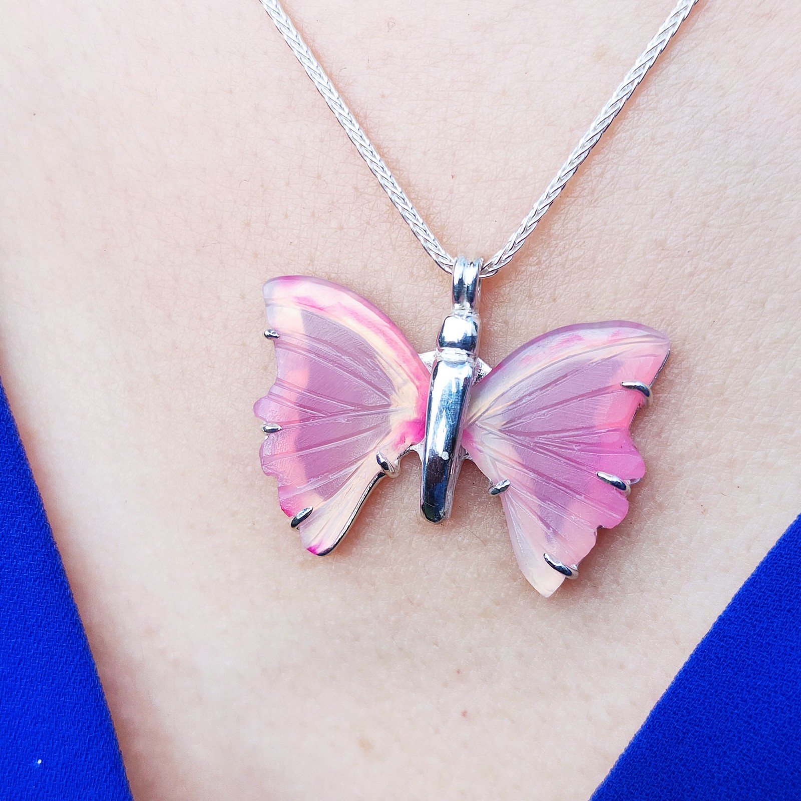 Sterling Silver Butterfly Pink Agate Pendant 18″ Necklace Sweet 16 Jewelry Gift