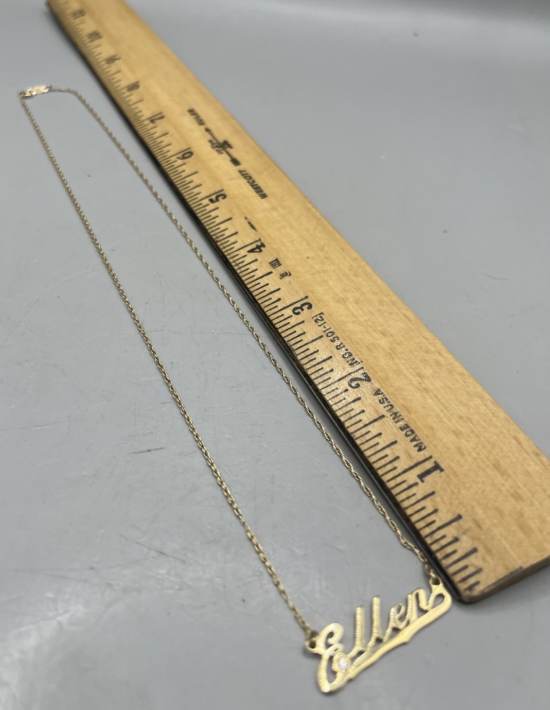 14K Solid Gold Flat Vintage Chain Necklace 18” 2 grams “Ellen” Nameplate Diamond