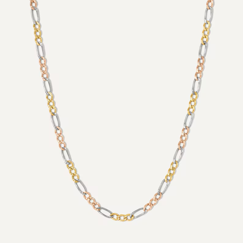 Real 10K Tri-Color Gold Hollow Figaro Chain Necklace 2.5-5mm 16-28in Men Women