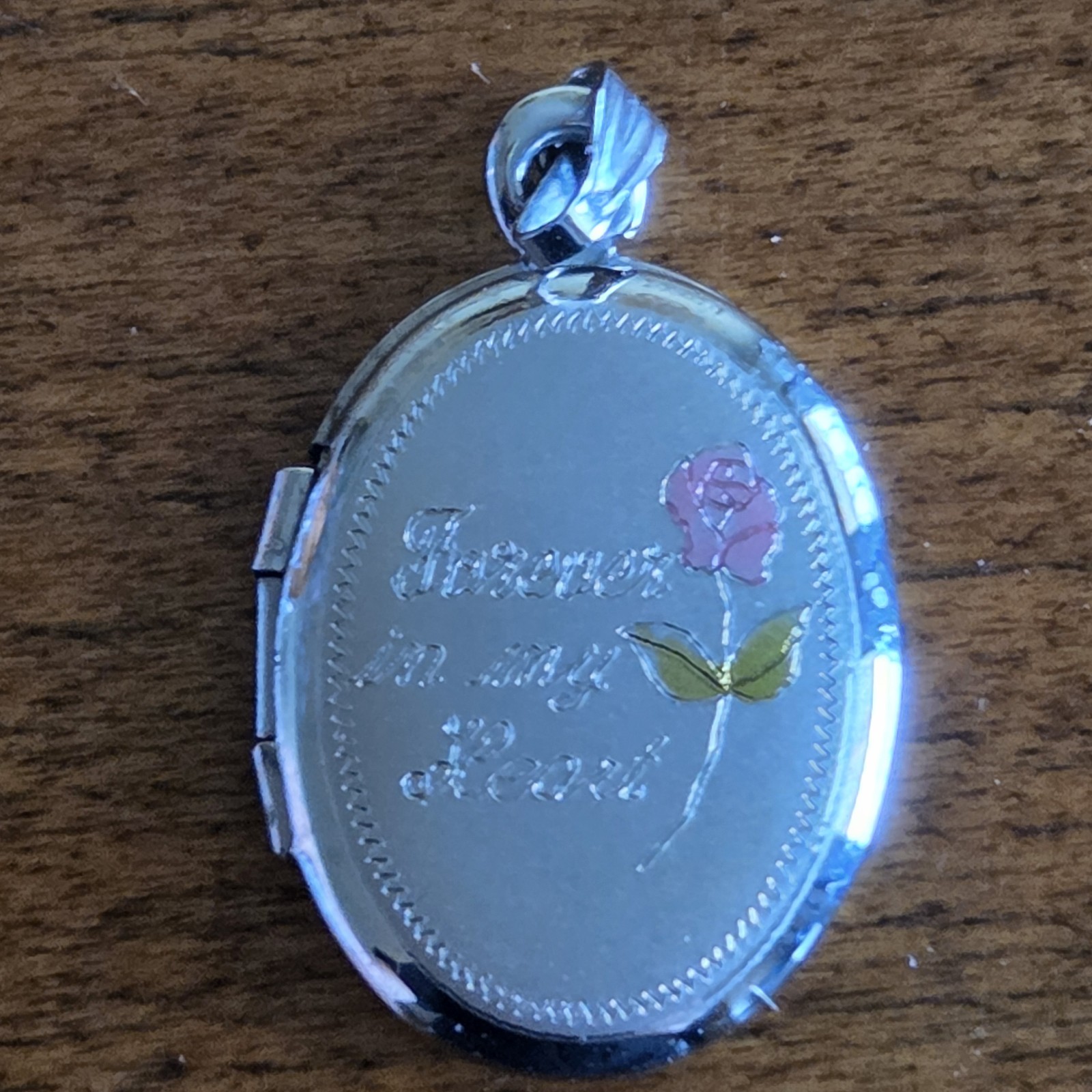 Sterling Silver Forever in my Heart Pink Rose Photo Locket Pendant Rememberance
