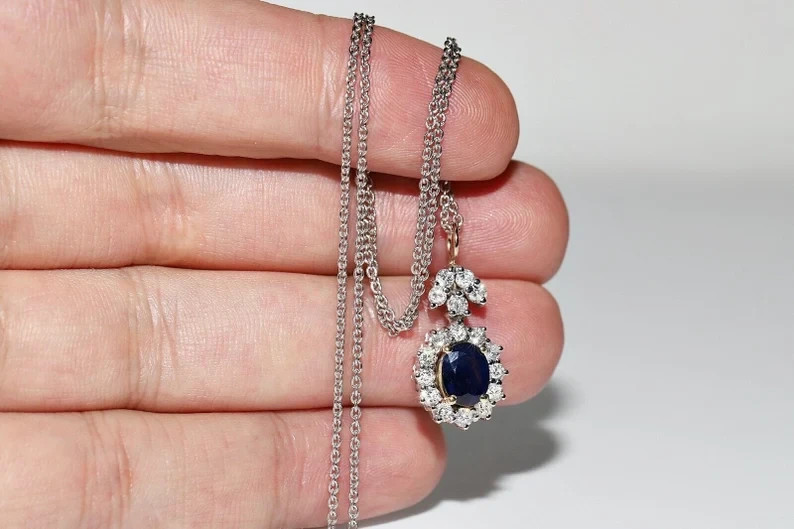 Vintage 2.10Ct Lab-Created 0val Sapphire &Diamond Pendant 14k White Gold Plated