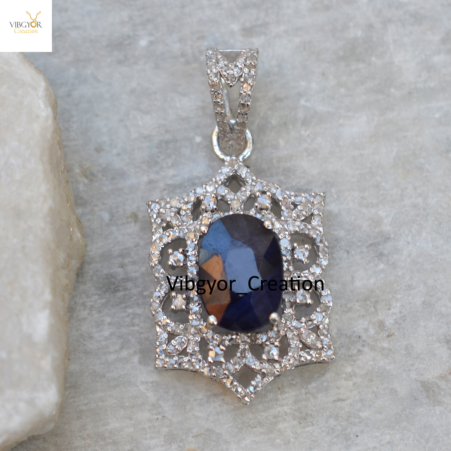 Pave Diamond Pendant Sapphire Gemstone 925 Sterling Silver Birthday Jewelry