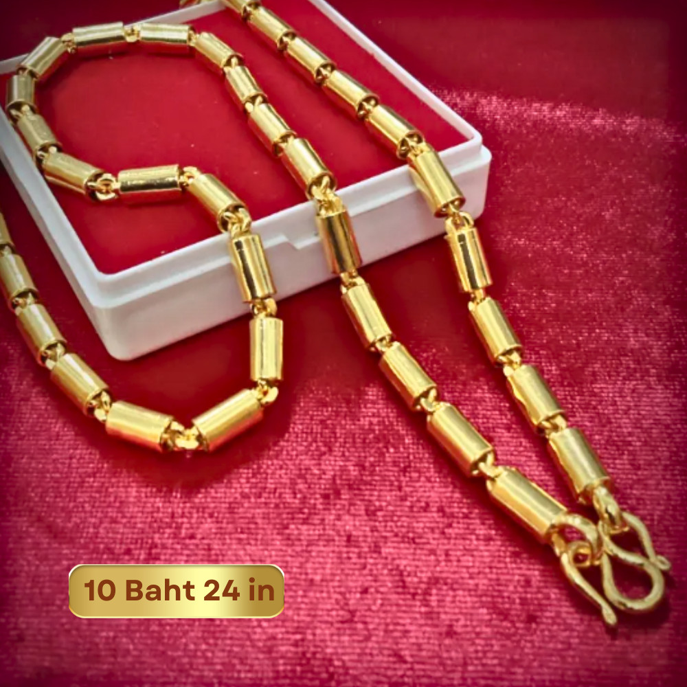 24K Gold Plated Necklace 24″ 10 Baht Style Barrel Link Chain Unisex Thai Jewelry