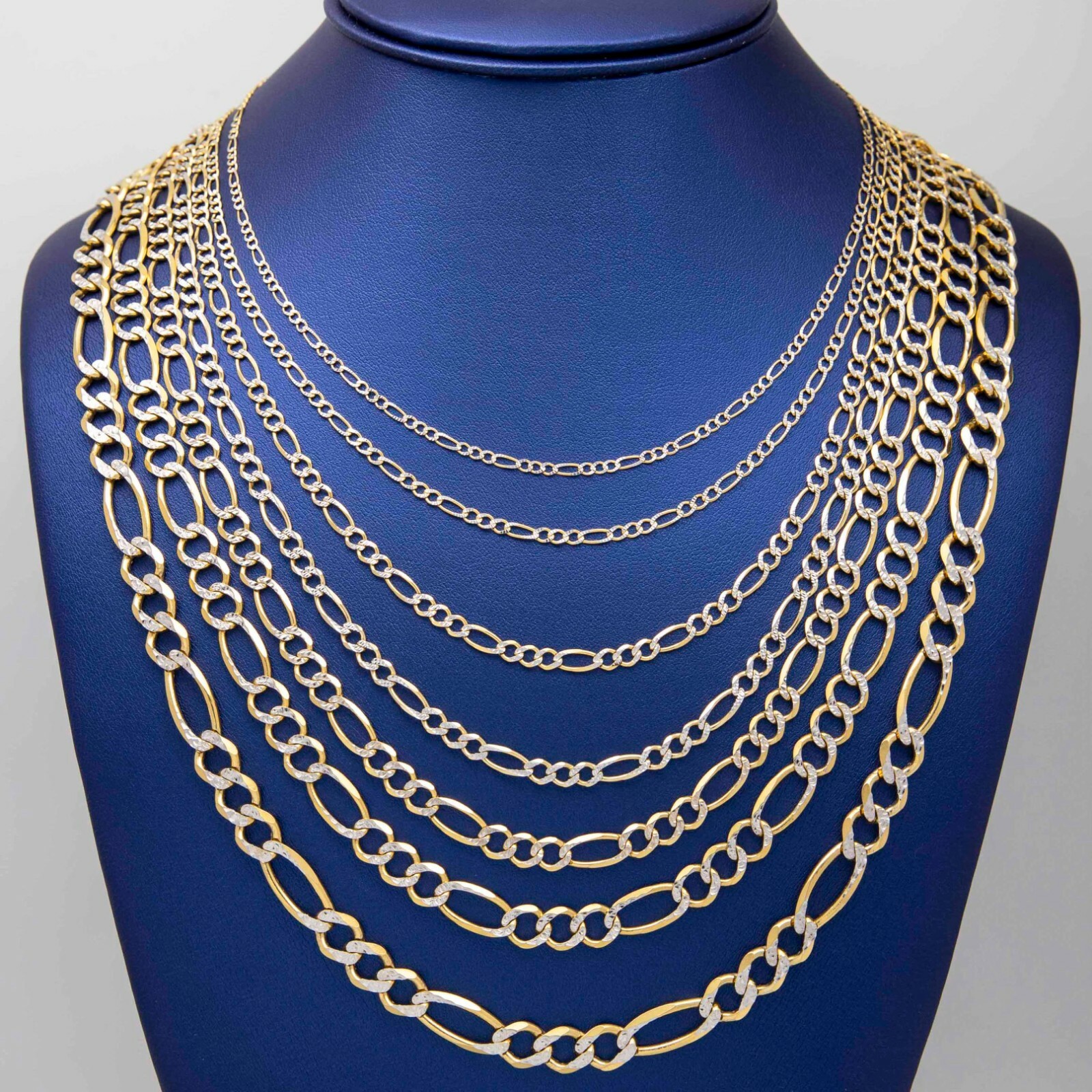 Solid 10k Figaro Pave Two Tone Chain Necklace 10K Yellow White Gold All Sizes