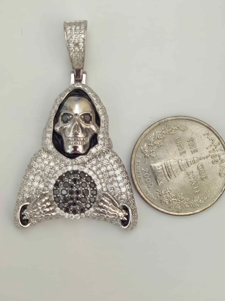 .925 Sterling Silver Moissanite Grim Reaper “Santa Muerte” Pendant