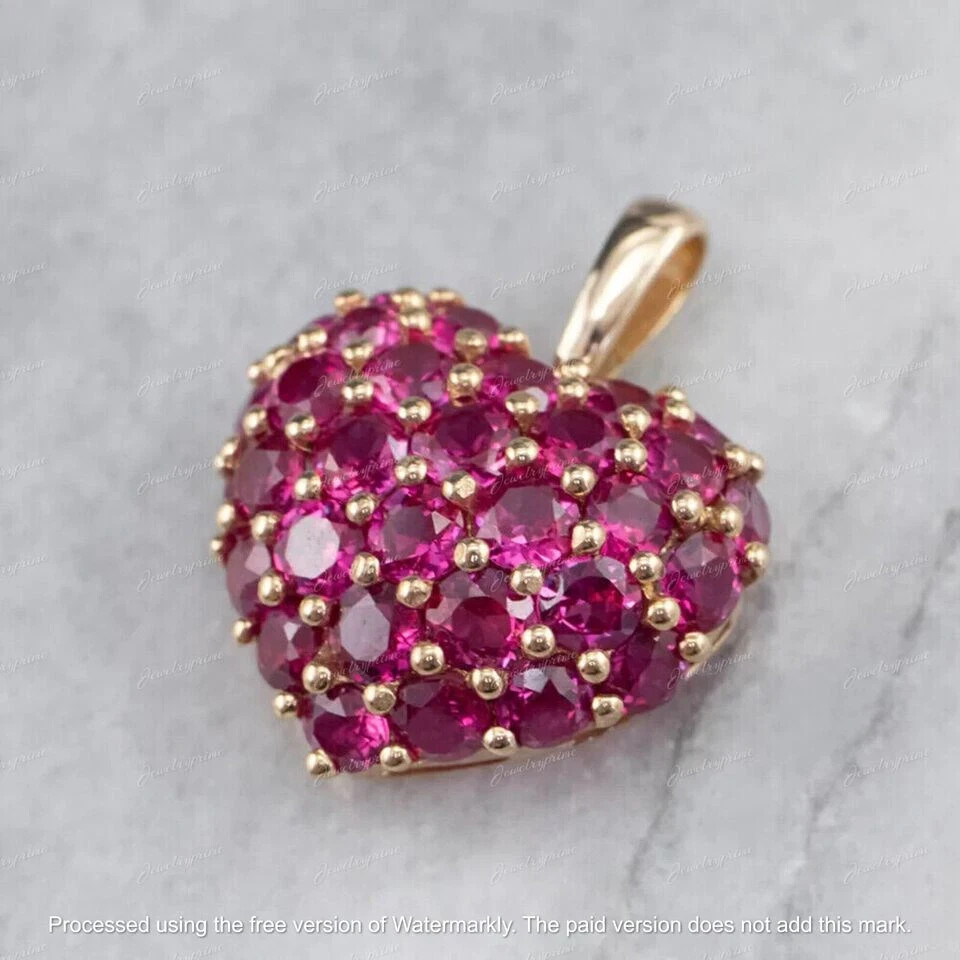 3Ct Round Cut Created Ruby Cluster Heart Pendant Necklace 14K Yellow Gold Over