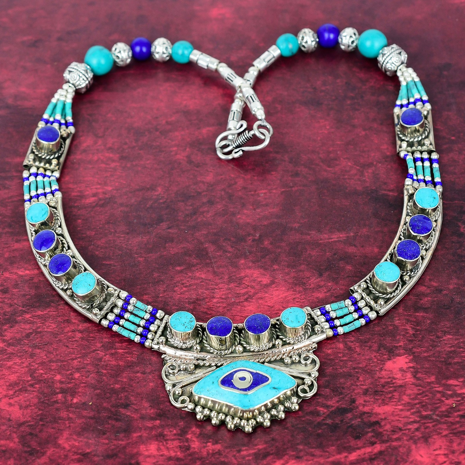 Lapis Lazuli & Turquoise 925 Sterling Silver Handmade Nepali Jewelry Necklace