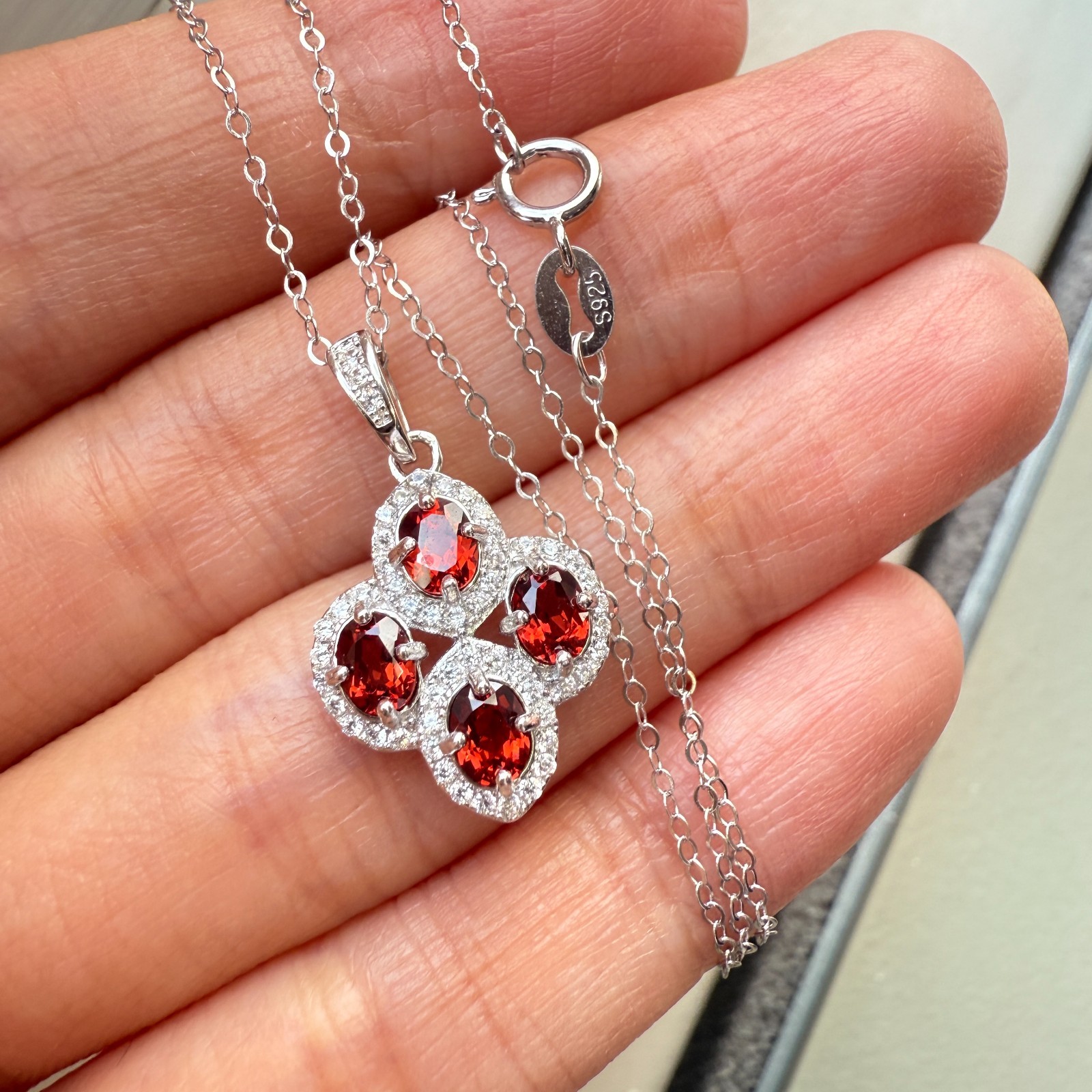 925 Sterling Silver Necklace 4x3mm Natural Garnet Gemstone Zircon Flower Chain