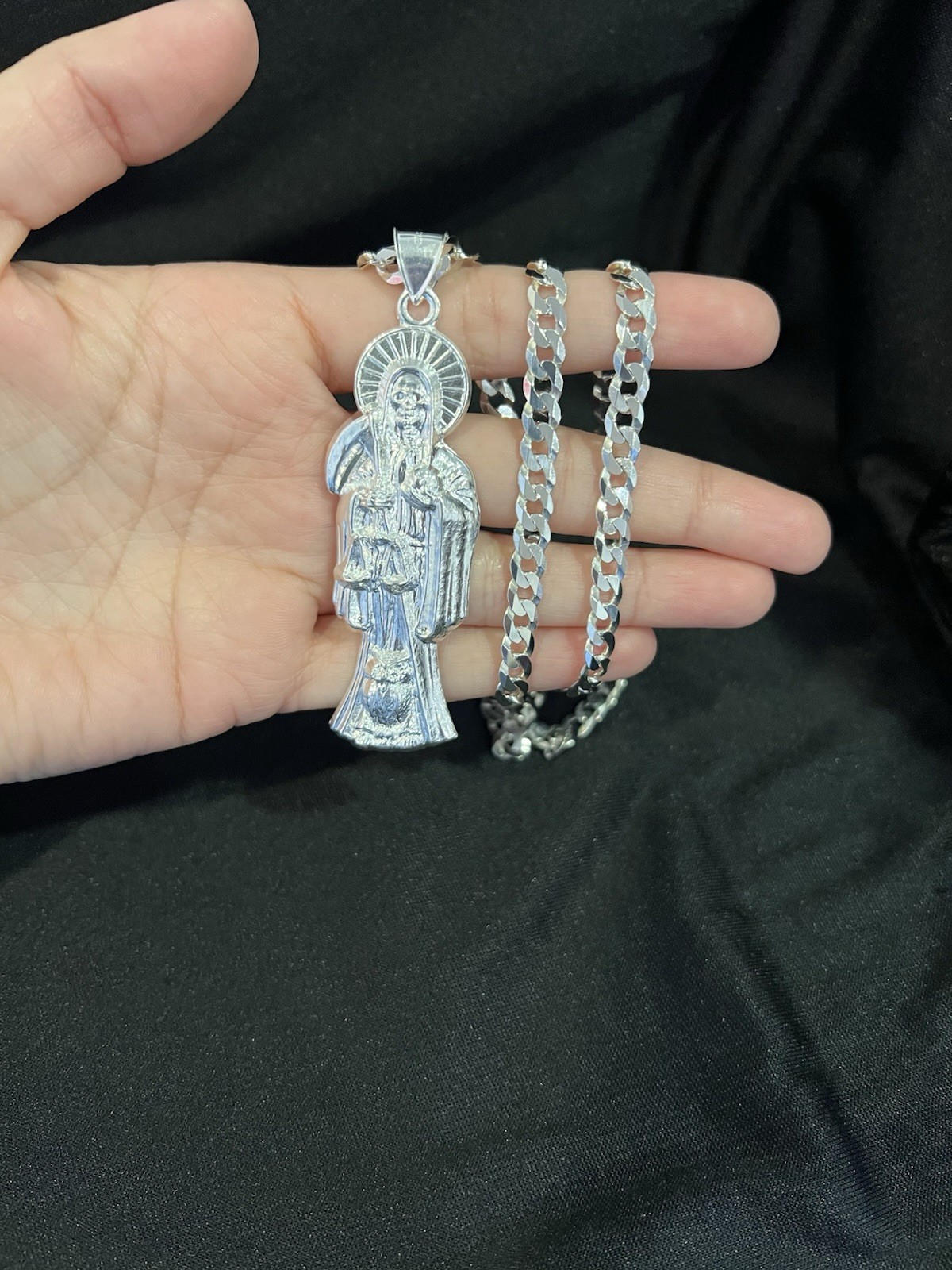 925 Sterling Silver Men Big Santa Muerte Grim Reaper Pendant Curb Chain 22 26 30
