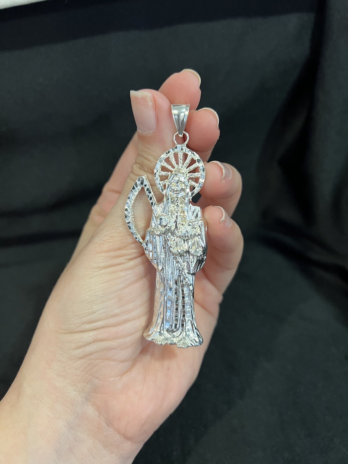 925 Sterling Silver Mens Womens BIG Santa Muerte Grim Reaper Holy Death Pendant