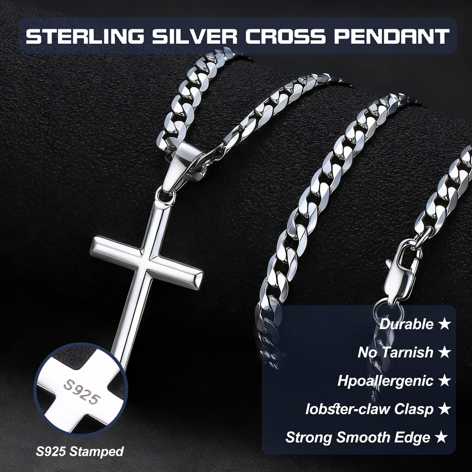 925 Sterling Silver Cross Necklace, Durable Cuban Link Chain, 16-30″ Christian J