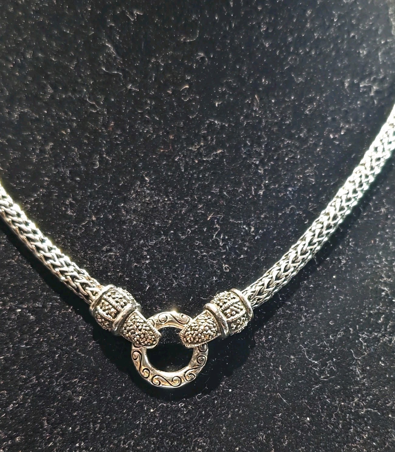 VTG CNA 925 Sterling Silver Marcasite Woven Wheat Chain Front Clasp Necklace 16″