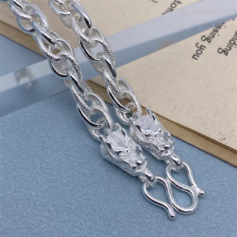 Pure S999 Fine Silver Chain 7mm Dragon Cloud Toggle Link Necklace 57-58G 25.6IN
