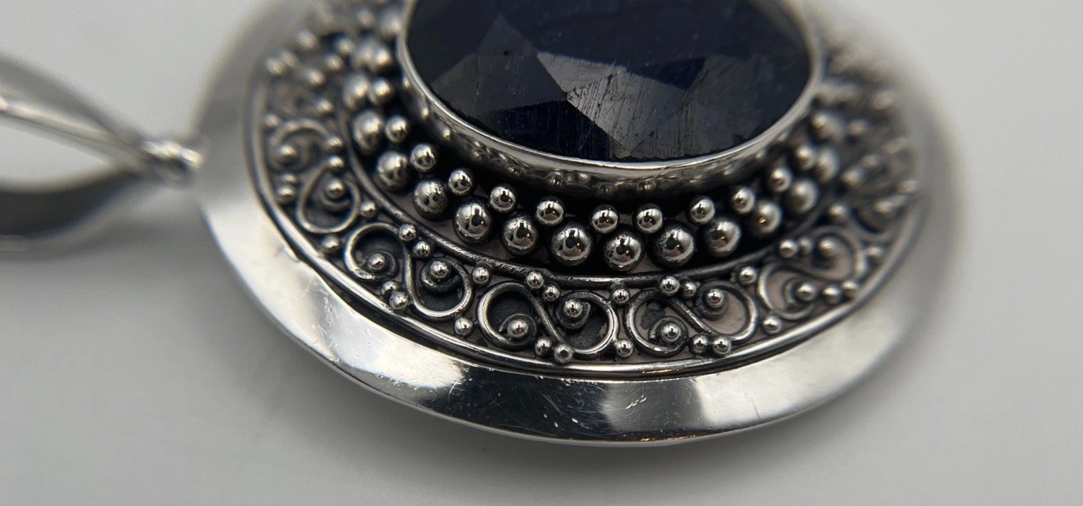 925 Sterling Dark Blue Sodalite Faceted Oval Statement Pendant 2.25” Signed BNY