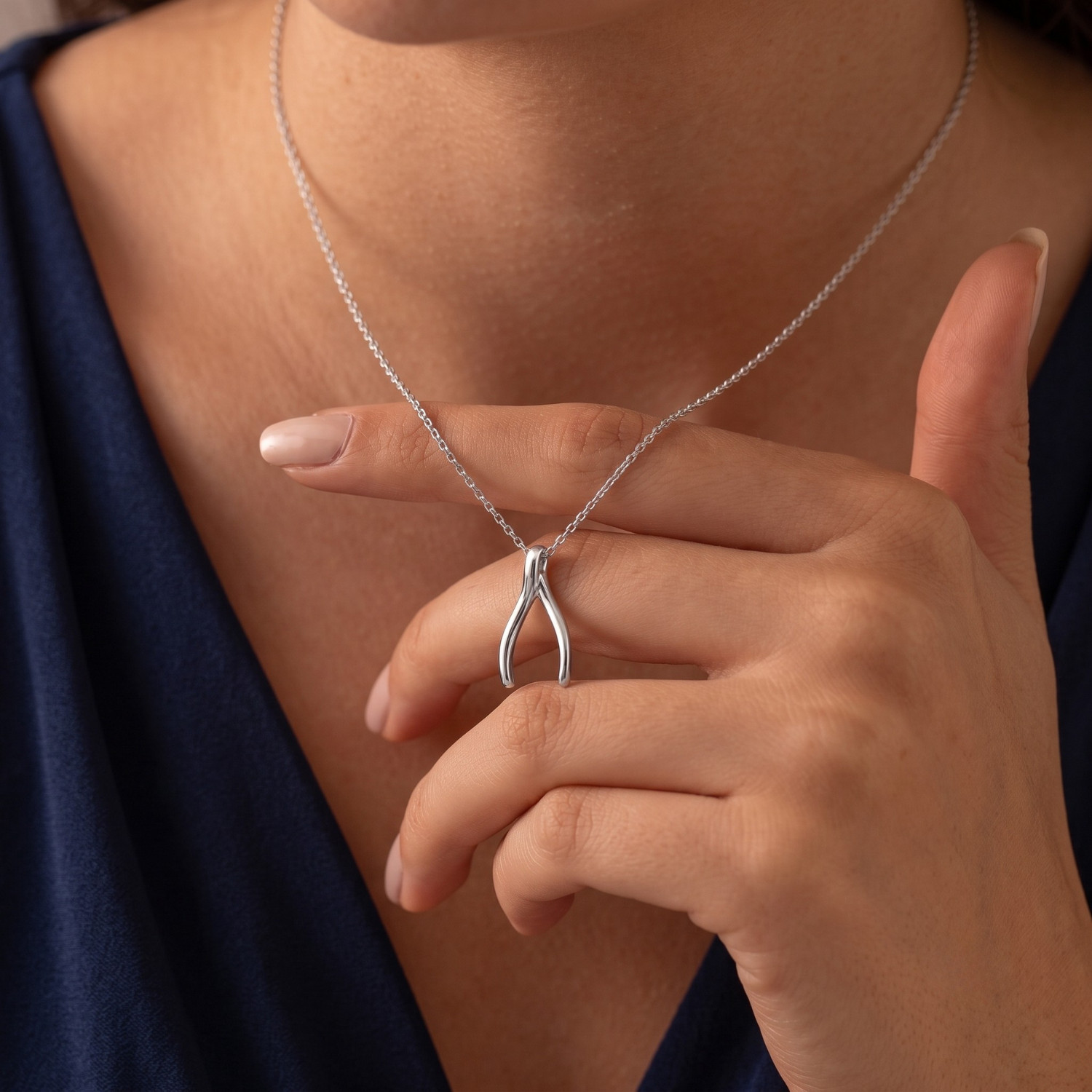 Solid 925 Sterling Silver Wishbone Pendant Charm Necklace 18″ Cable Chain