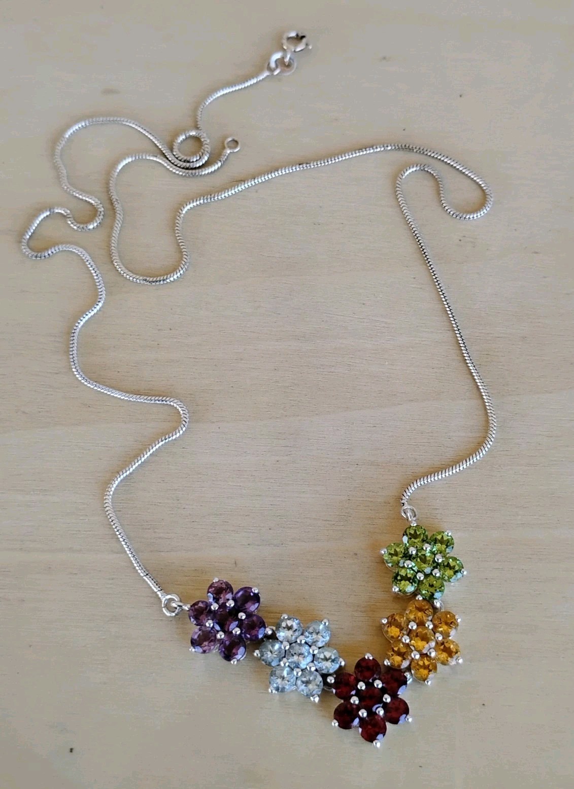Thai Sterling Silver 925 Multi-Gem Floral Necklace Garnet Amethyst Topaz 20.5″