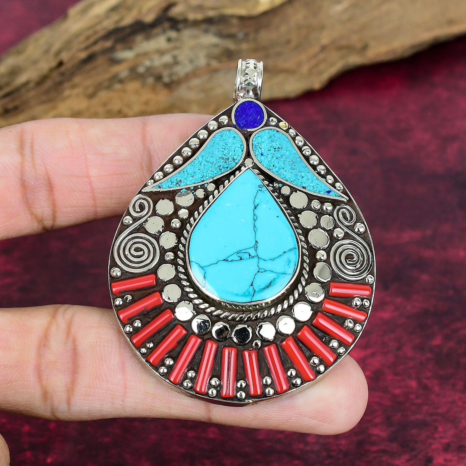 Turquoise, Coral Gemstone Handmade Jewelry 925 Sterling Silver Nepali Pendant