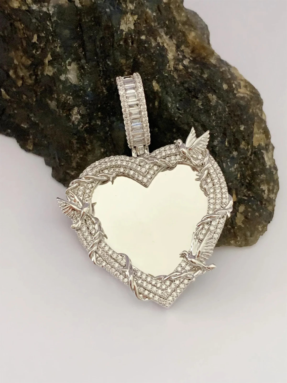 4ct Lab Created Diamond Custom Heart Memorial Photo Pendant 14k Gold Plated 2″