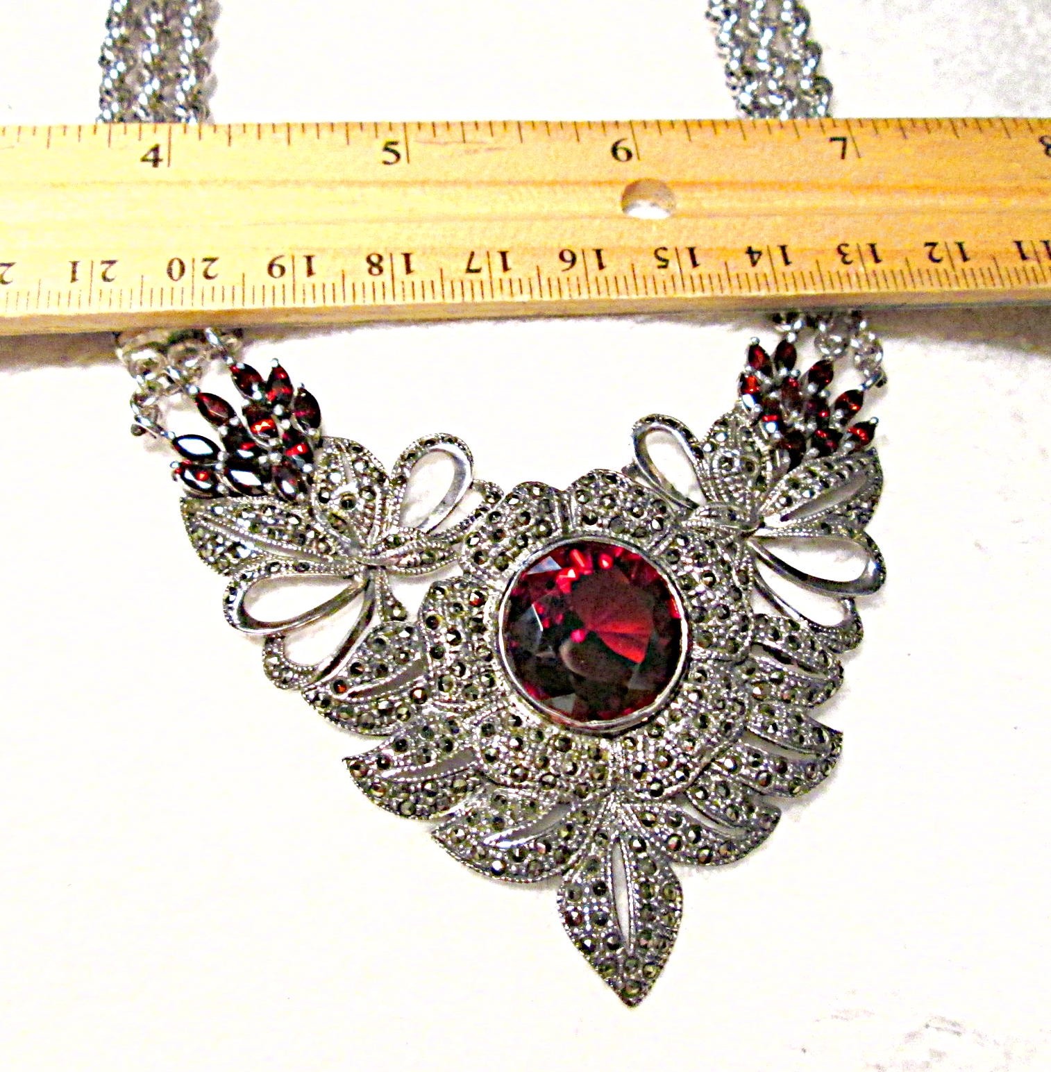 STATEMENT PIECE Sterling Silver Large GARNET MARCASITE Necklace STUNNING 76.7 G