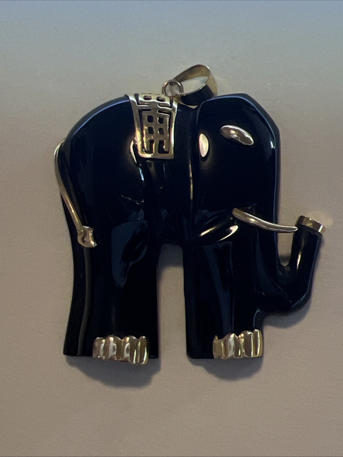 Great Extra Large Solid 14K Gold Black Onyx Elephant Pendant