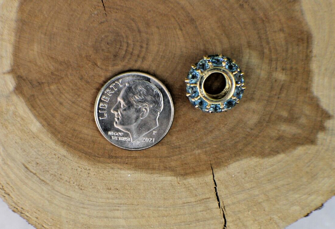 Solid 10K Yellow Gold Pave Bead Blue Topaz Pendant Slide Loads of Sparkle