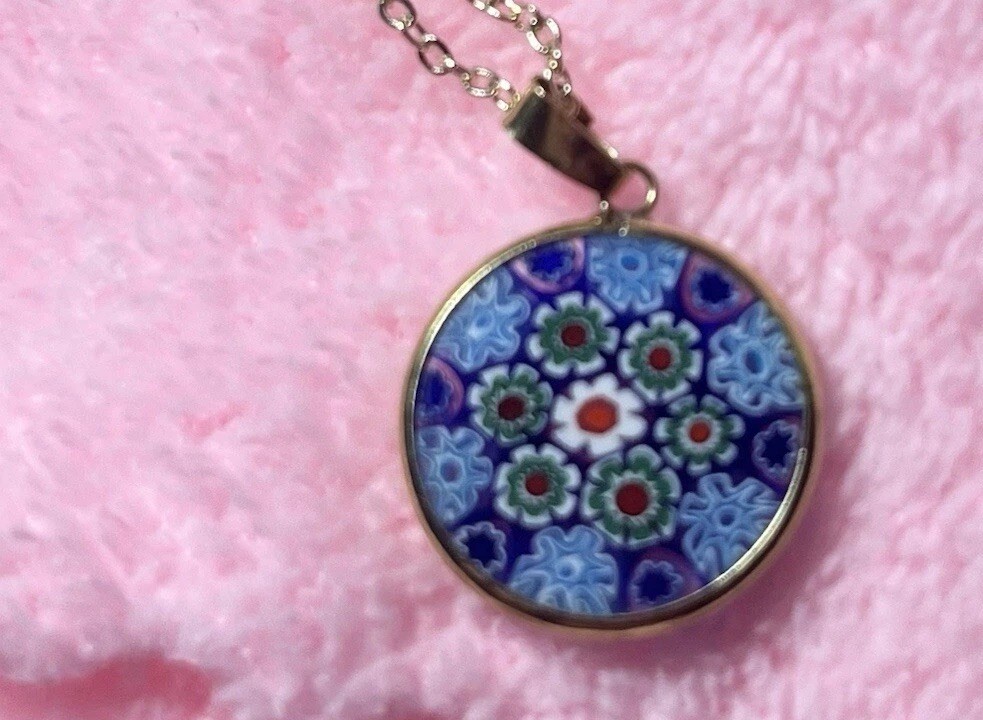 Vintage 18K 750 Bezel Italian Murano Millefiori Daisy Floral Pendant 2.10G 26mm