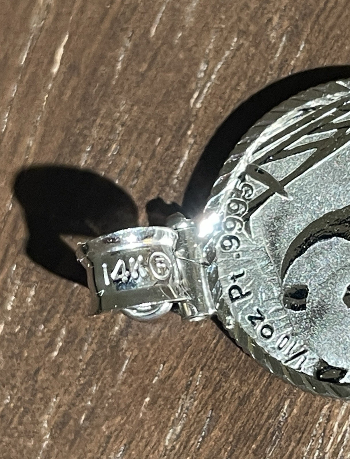 14K Solid White Gold Bezel Amulet with 1/10 Oz. Chinese Platinum Bullion Coin!