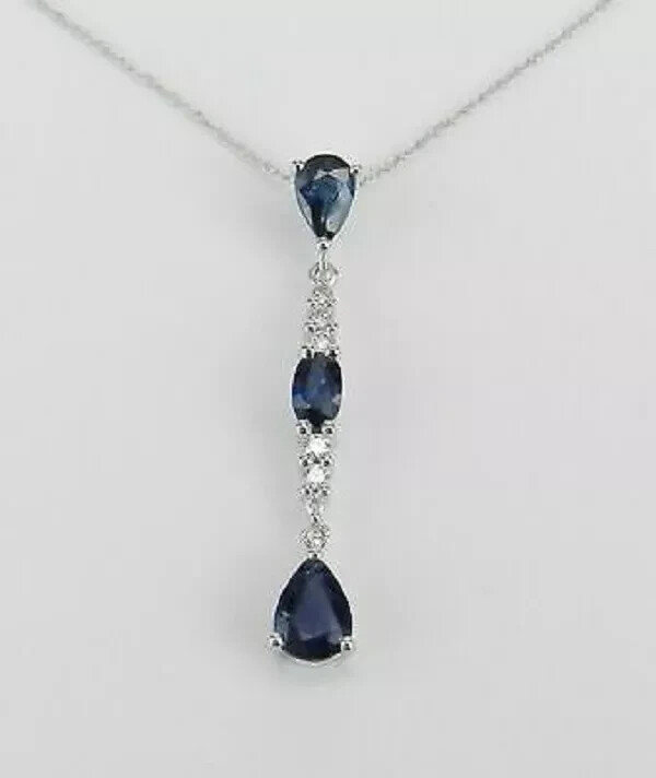 2Ct Pear Cut Blue Sapphire & Diamond Drop Pendant Necklace 14K White Gold Finish