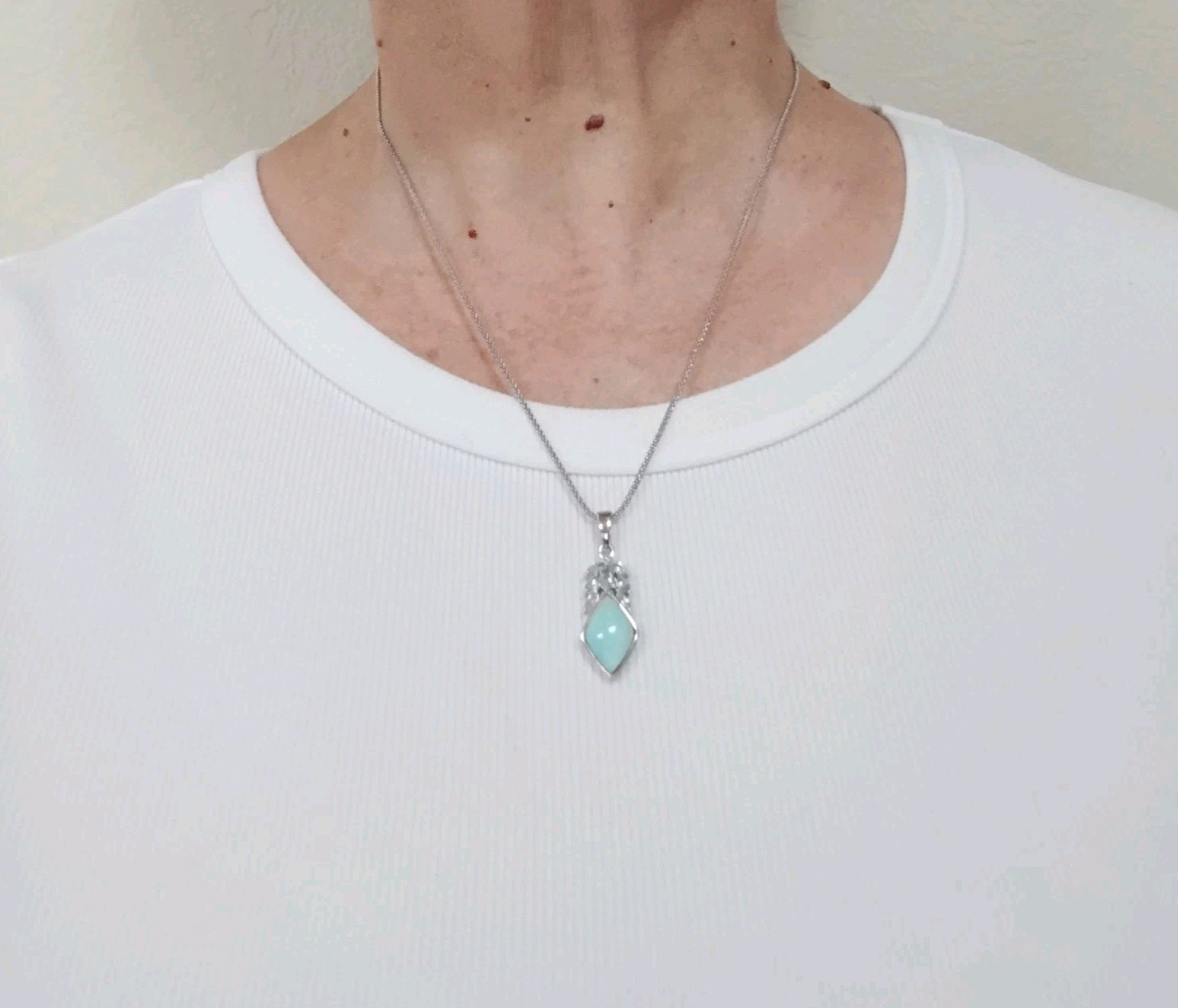 CFJ Thailand Larimar Blue Topaz Pendant Necklace Rhodium Plated Sterling Silver