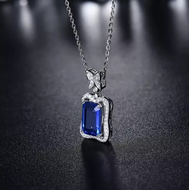 3Ct Emerald Blue Sapphire Solitaire Halo Pendant Free Chain 14K White Gold FN