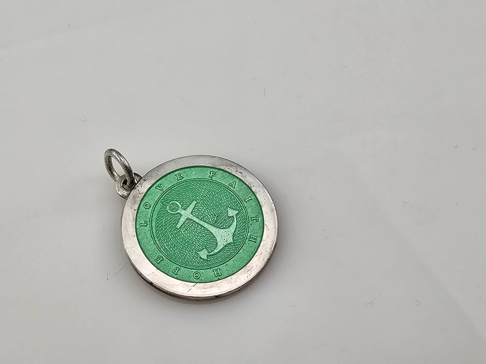 Anchor Hope Love Faith Green Enamel 925 Sterling Silver Medal Pendant 27mm