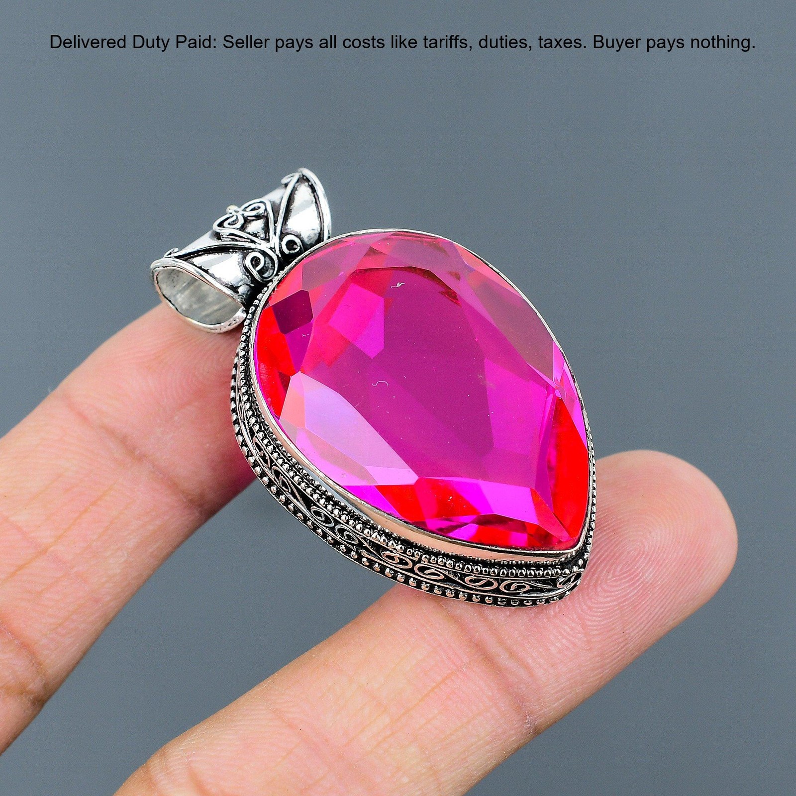 Pear Natural Pink Fire Topaz Bezel Birthday Vintage Wife Pendant Sterling Silver